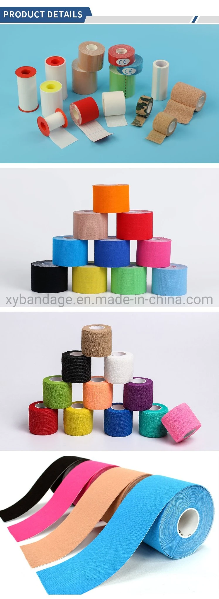 Manufacture ISO13485 Approved Colorful Adhesive Medical Products Cohesive Body Tape Elastic Cotton Bandage